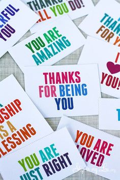 thank you cards with the words thanks for being you and i love you in different colors