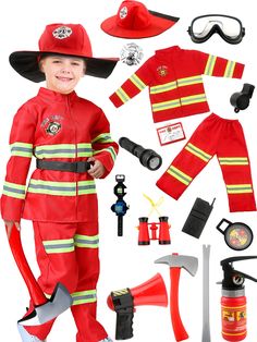 a boy dressed in fireman costume and accessories