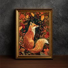 a painting of a fox sitting on top of a wooden table