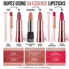 $4 Essence Dupes for Fenty Beauty & Kylie Cosmetics Lipsticks - All In The Blush Essence Lipstick, Mac Lipstick Shades, Lip Color Lipstick, Lipstick Palette, Lipstick For Dark Skin, Essence Makeup, Beginners Eye Makeup