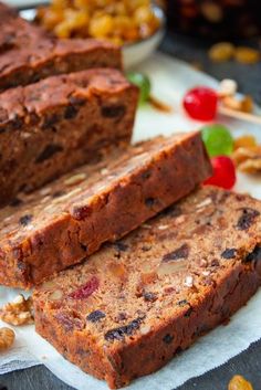 two slices of fruitcake bread sitting on top of a paper towel next to nuts