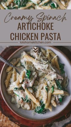 creamy spinach artichoke chicken pasta in a bowl