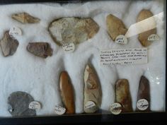 some rocks are on display in a glass case with notes attached to them that read,