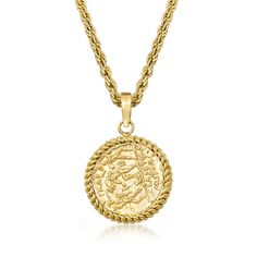 Ross-Simons - Replica Coin Pendant Necklace in 18kt Gold Over Sterling. 18". Our distinctive necklace will add a unique touch to any style. It features a textured and polished replica of an ancient coin in a roped frame of 18kt yellow gold over sterling silver. Suspends from a rope chain. Lobster clasp, replica coin pendant necklace. Yellow Gold Coin Necklace With Figaro Chain, Yellow Gold Byzantine Medallion Coin Necklace, Yellow Gold Medallion Necklace With Rope Chain, Byzantine Medallion Coin Necklace In Yellow Gold, 14k Gold Medallion Necklace With Rope Chain, Byzantine Yellow Gold Medallion Coin Necklace, Yellow Gold Rope Chain Necklace, Byzantine Style Yellow Gold Medallion Coin Necklace, Coin Frame