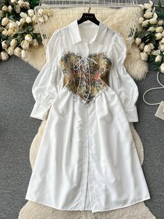 Unique White Dress, Corset Shirt Dress, Two Piece Dresses, Shirt Dress Women, Classic Romance, Corset Shirt, Style Bubble, Causal Dresses, Detailed Embroidery