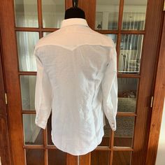 "Vintage 1970's Retro Pearl Snaps H Bar C California Ranch Wear Made in USA Nice clean used shape No size tag Fits as a Large Please use measurements as your guide 20\" Armpit to Armpit 31\" Collar to Bottom Length 18\" Across the Shoulders 23\" Sleeves" Retro Button-up Top For Ranch, White Long Sleeve Western Top, Retro Long Sleeve Shirt For Ranch, White Western Button-up Top, White Long Sleeve Western Shirt, Fitted Collared Shirt For Ranch, California Ranch, Izod Lacoste, Johnny Carson