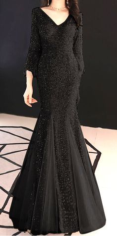 Long Sleeve Mermaid Dress For Evening Wedding, Evening Wedding Mermaid Dress With Long Sleeves, Long Sleeve Mermaid Wedding Dress For Evening, Elegant Long Sleeve Floor-length Dress For Night Out, Elegant Black Long Sleeve Maxi Dress, Elegant Black Mermaid Dress For Prom, Black Mermaid Dress For Formal Occasions, Elegant Long Sleeve Mermaid Dress For Evening, Long Sleeve Mermaid Dress With Sweep Train For Evening