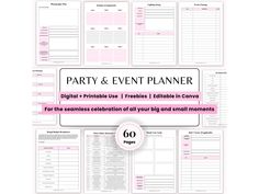 the party and event planner is displayed on top of a white background with pink accents