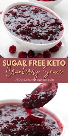 cranberry sauce in a white bowl with the words sugar free keto on top