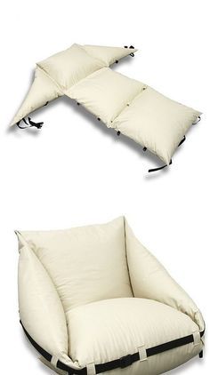 an image of two bean bag chairs with pillows on the bottom and one in the middle