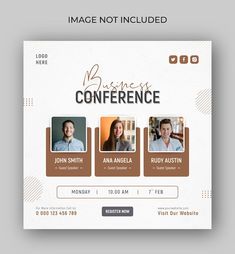 a conference flyer with three people on the front and one person on the back, in brown