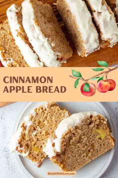 Two images. On top, a sliced loaf of cinnamon apple bread with vanilla icing. On bottom, two slices off apple bread with icing on a plate. Spiced Bread, Cinnamon Apple Bread, Fall Bread, Baked Cinnamon Apples, Recipes With Yeast, Cinnamon Bread Recipe, Apple Bread Recipe