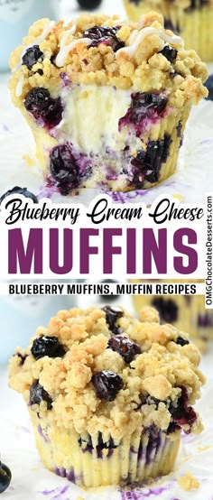 blueberry cream cheese muffins with crumbled topping on top and below