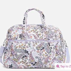 Nwt-Vera Bradley Maddalena Paisley Soft Pattern Grand Travel Tote Description Grand Traveler Bag In Cotton Let Us Help You Bring Back The Glamorous Age Of Travel With This Perfect Bag. Thoughtful Design Makes Travel A Pleasure From The Plentiful Pockets (Inside And Out) To The Comfortable Handles To The Trolley Sleeve. Our Quilted Cotton Is Colorful, Lightweight And Packable Exterior Features Front Zip Pocket And Two Slip Pockets On The Back Trolley Sleeve Interior Features Four Mesh Pockets And Vera Bradley Glenna, Multicolor Rectangular Bag With Paisley Print, Everyday Use Bags With Paisley Print, Vera Bradley Duffel Bag, Vera Bradley Travel Bag, Purple Punch, Cosmetic Bag Organization, Soft Pattern, Weekend Travel Bags