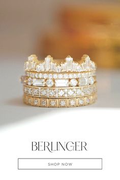 the beringer wedding band is shown in gold with diamonds on it and an ad for