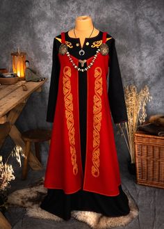 Viking Style Medieval Tunic Dress For Larp, Viking Style Tunic Medieval Dress For Larp, Viking Tunic Medieval Dress For Larp, Traditional Red Medieval Dress With Historical Design, Viking Style Dresses For Medieval Festivals, Traditional Medieval Dress For Larp And Festivals, Traditional Medieval Dress For Larp And Medieval Festivals, Medieval Long Sleeve Dress For Festivals, Long Sleeve Medieval Dress For Festival