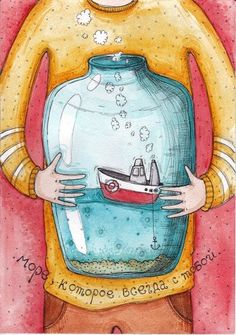 a drawing of a man holding a large glass jar with a boat in it's bottom