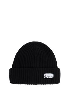 Logo detail Ganni Beanie, Ribbed Knit Beanie, Black Hats, Beanie Black, Women's Beanie, Wool Beanie, Bags Logo, Mohair Sweater, Casual Chic Outfit