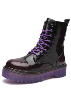 Purple Sole Boots High Ankle E-Girl Aesthetic Punk Outfits Purple, Purple Emo Clothes, Purple Goth Outfits, Cyberpunk Shoes, Scene Shoes, Aesthetic Boots, Oc Clothes, Steampunk Shoes, Purple Goth