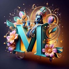 the letter m is made up of flowers and an image of a person with a headdress