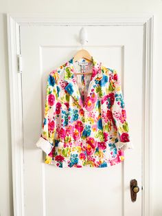 "Vintage 90s Pink Bright Colorful Floral Lightweight Spring Jacket Womens Plus 1X 20W Excellent shape No visible flaws Bust 48\" Length 26\" Sleeves 24\" Please note in our shops policies we do not allow returns. We are happy to answer any questions or concerns you may have before purchasing! :)" Multicolor Collared Spring Outerwear, Collared Multicolor Spring Outerwear, Multicolor Casual Spring Blazer, Colorful Cotton Spring Outerwear, Spring Multicolor Cotton Blazer, Multicolor Floral Print Blazer For Spring, Vintage Multicolor Outerwear For Spring, Retro Colorful Spring Outerwear, Colorful Retro Spring Outerwear