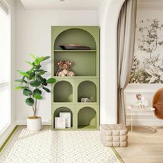 a green bookcase in the corner of a living room with a potted plant