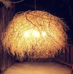 a light that is hanging from a tree in the dark with some branches on it