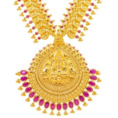 Show off your cultural pride and heritage with this elegant jewelry set featuring a 22k gold Lakshmi Kasu pendant necklace and Jhumka earrings from Virani. Rich rubies adorn this beautiful gold Lakshmi Kasu pendant, paired with matching Jhumka earrings that are perfect for both traditional wear and evening looks.Features• 22K Yellow Gold.• Rubies. Specifications• Minimum Necklace Width - 2 millimeters • Maximum Necklace Width - 65 millimeters• Necklace Length - 28 inches• Minimum Earring Width - Festive Yellow Gold Kundan Necklace For Rituals, Bollywood Style Yellow Gold Temple Necklace For Diwali, Festive Yellow Gold Ruby Temple Necklace, Yellow Gold Kundan Necklace With Ruby In Temple Style, Yellow Gold Ruby Kundan Necklace In Temple Jewelry Style, Festive Gold Jewelry With Zari Weaving, 22k Gold Bridal Necklace For Festivals And Rituals, 22k Gold Bridal Necklace For Rituals And Festivals, 22k Gold Bridal Necklace For Wedding Rituals