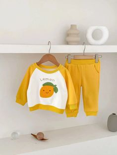 Fruit Pattern Sweatshirt Set - Momorii Casual Cotton Sweats For Playwear, Spring Cotton Sets With Cartoon Print, Casual Cotton Sets With Cartoon Print, Cute Yellow Long Sleeve Sweatshirt, Yellow Family Matching Cotton Sets, Family Matching Cotton Sets In Yellow, Yellow Cotton Family Matching Sets, Playful Cartoon Print Sweatshirt For Playwear, Playful Sweatshirt With Cartoon Print For Playwear