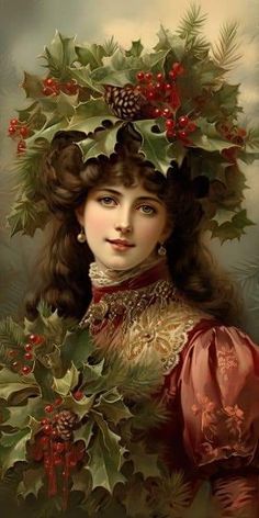 a painting of a girl with holly wreaths on her head