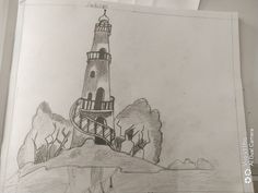 a pencil drawing of a lighthouse on top of a hill with trees in the background