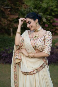 Off-White Lehenga Choli with Sequins & Thread Embroidery