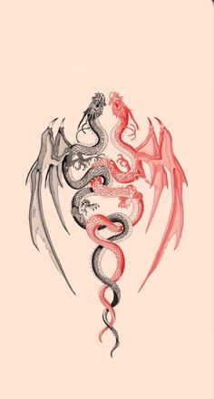 a drawing of a dragon with two snakes on it's back, and the tail is