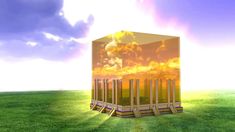 an image of a box in the middle of a field with clouds and sun behind it