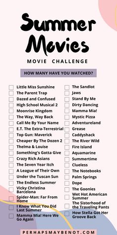 the summer movies movie challenge is shown in blue and orange colors, with text overlaying