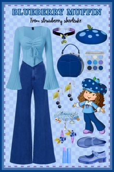 Strawberry Shortcake character " blueberry muffin" inspired outfit #lookbook #fashion #strawberry shortcake  #characterdesigninspiration #outfit #outfitideas #moodboard Strawberry Shortcake And Blue Muffin, Strawberry Shortcake 2009 Characters, Blue Strawberry Shortcake Character, Edna Mode Inspired Outfit, Strawberry Shortcake Halloween Costume Blueberry Muffin, Blueberry Shortcake Costume, Blueberry Muffin Character Costume, Blueberry Muffin Costume Ideas, Blueberry Muffin Strawberry Shortcake Outfit Ideas