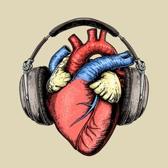 a drawing of a human heart wearing headphones