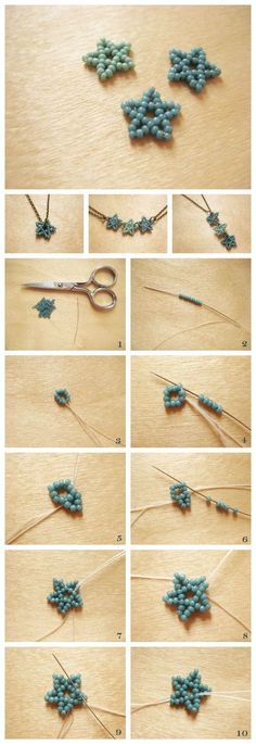 the instructions for making beaded flowers are shown in several different ways, including thread and beads