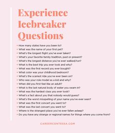 a pink poster with the words experience icebreakerer questions written in orange on it