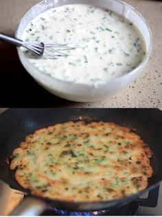 two pictures of food being cooked in a skillet