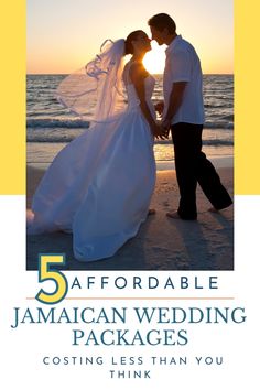 a man and woman standing on top of a beach next to the ocean at sunset