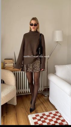 Black And Brown Skirt Outfit, Mini Skirt And Tights Outfit Winter, Fall Brown Dress Outfit, Sheer Brown Tights Outfit, Dinner And A Show Outfit Night, Friend Giving Outfits, Cozy Halloween Outfits, Sedona Winter Outfits, Sweaters And Skirts Outfit