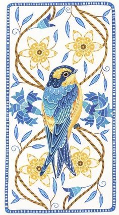 a blue and yellow bird sitting on top of a flowered design with leaves around it