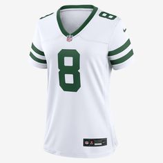 Rep one of your team's top stars with this New York Jets Jersey. Proper ventilation and a form fit help provide a dry, comfortable wear with the authentic look of the on-field uniform. Nike White Jersey With Team Name, White Nike Jersey For Sports Events, White Sporty Jersey For Football Season, White Nike Jersey For Fan Gear, Nike White Jersey For Fan Gear, Nike Sporty Jersey For Sports Events, White Fitted Sporty Jersey, White Fitted Jersey For Sports Season, Fitted White Jersey For Sports Season