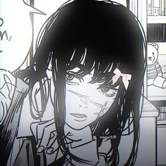 a drawing of a girl with long hair and bangs in front of a window looking at the camera