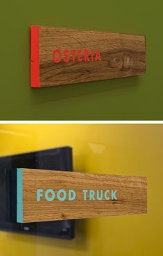 two pictures of food truck signs mounted to the side of a green and yellow wall