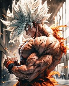 the character gohan from dragon ball is shown in an anime style photo, with his arms stretched out