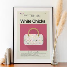 Yo, hold my poodle!  This White Chicks print features a Mid-Century Modern design that fits most decor styles. It showcases the designer handbag on a dusty pink background.  Product Details* 12"x18" or 18"x24" overall size, with a printed border that can be trimmed * printed on smooth archival paper * PRINT ONLY, no frame included Shipping Details* $1 Shipping on all US orders * Canada and International Orders, flat rate. (c) 2020 | Prints and Giggles    Exported By ExportYourStore :) White Rectangular Bags With Graphic Design, White Rectangular Bag With Graphic Design, Twiggy Art Print, Pink Print Nicki Minaj, Shawn White, Vintage Barbie Wall Art, White Chicks, Terry Crews, Barbie Room