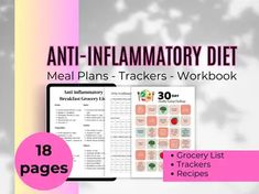 the cover of an anti - inflamatory diet meal plans tracker workbook