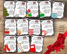 printable christmas gift tags with red ribbon on wooden table next to cupcakes